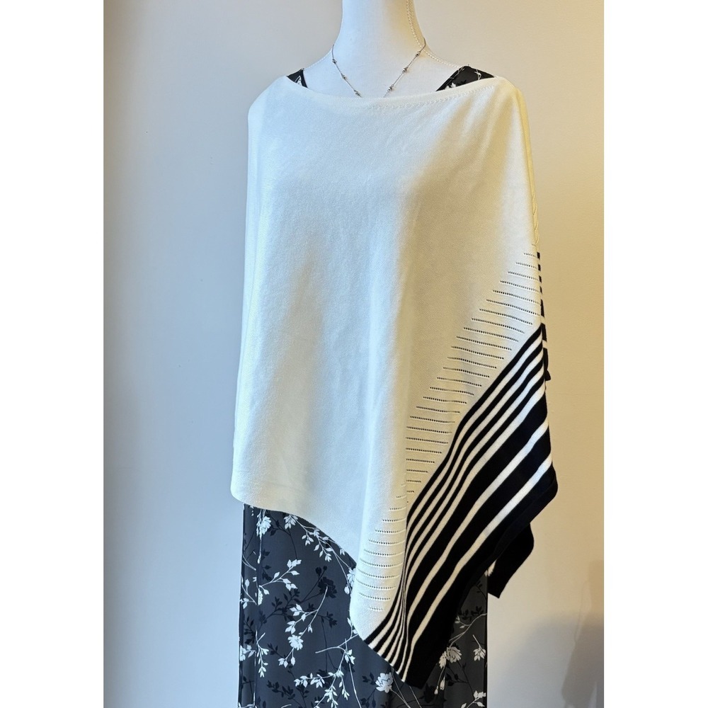 Talbots Poncho Wrap Sweater M/L Ivory Black Stripe Casual Asymmetric
